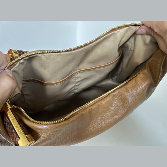 Lightly Used Michael Kors Brown Leather Handbag With Python Zipper Pull Accents - Picture 7 of 11